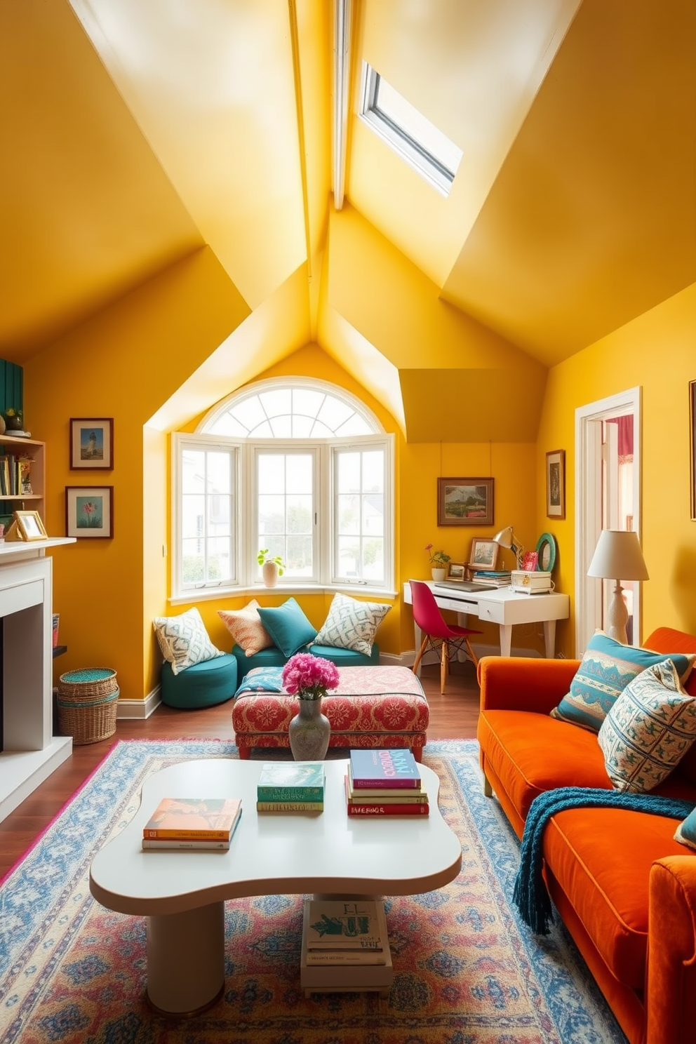 A bright and cheerful living space with walls painted in vibrant yellow and accents of teal. The room features an eclectic mix of furniture, including a plush orange sofa and a whimsical coffee table adorned with colorful books. An attic room with a large, arched window that floods the space with natural light. The design includes cozy nooks with cushions and a small desk area, all complemented by soft, pastel-colored decor.