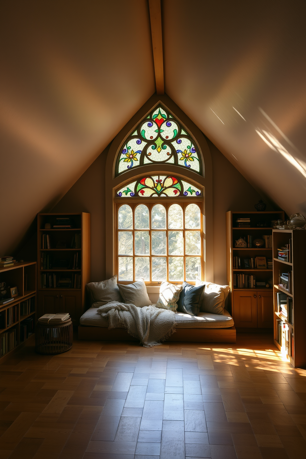 A cozy attic space filled with natural light from a large attic window. The window features intricate stained glass accents that cast colorful patterns on the wooden floor. The room is designed with a comfortable reading nook beneath the window, adorned with plush cushions and a soft throw blanket. Shelves lined with books and decorative items add character to the space, enhancing its charm and warmth.