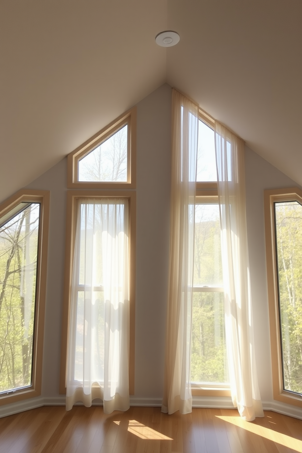 A minimalist frame features large attic windows that allow natural light to flood the room. Sheer curtains gently drape from the top, softly filtering the sunlight and creating an airy ambiance.