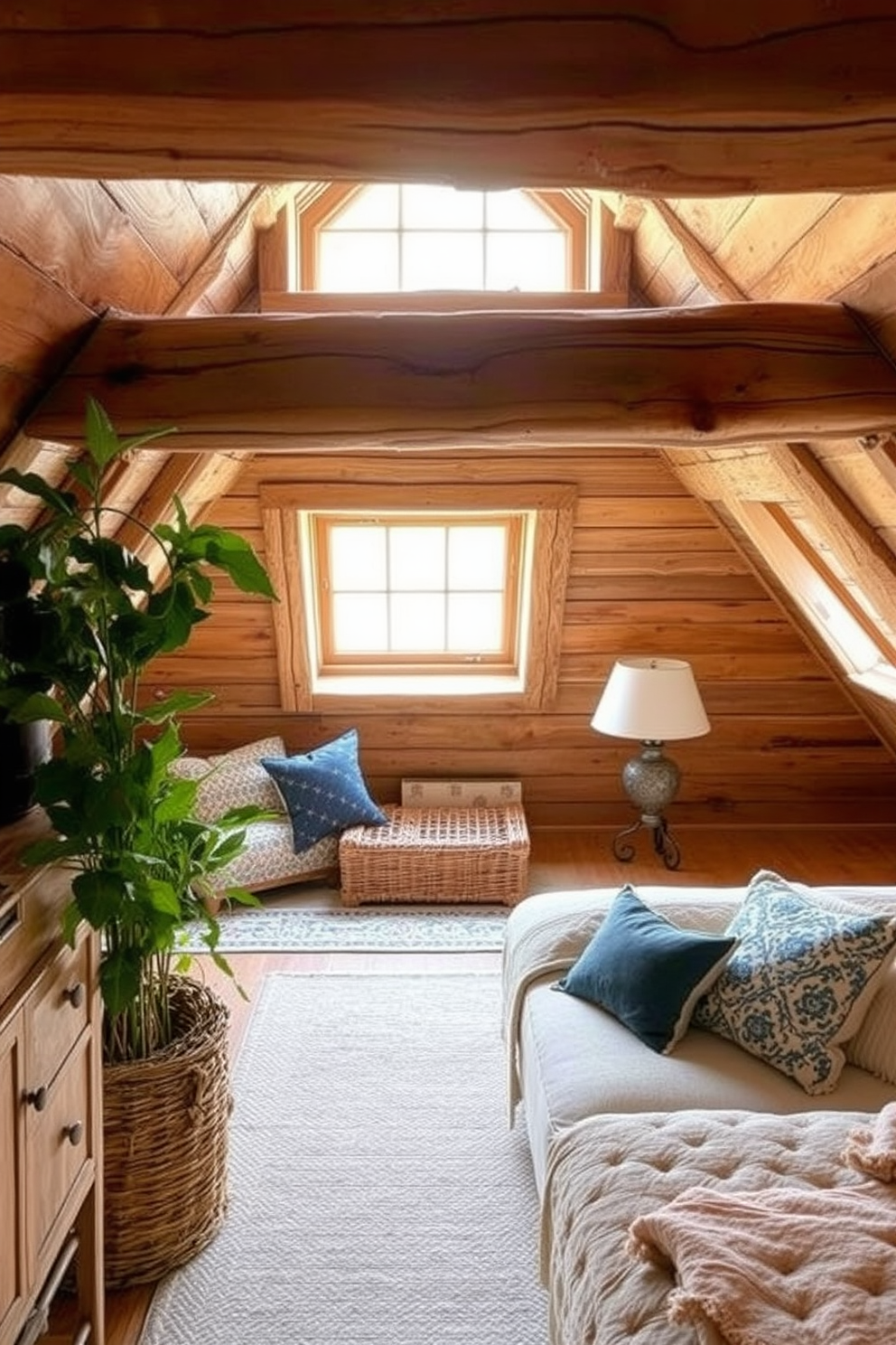 A cozy nook with custom built-in seating under the windows. The seating features plush cushions in soft neutral tones, creating a perfect spot for reading and relaxation. The attic windows are designed with a modern aesthetic, framed in sleek black wood. Natural light floods the space, enhancing the warm ambiance of the room.