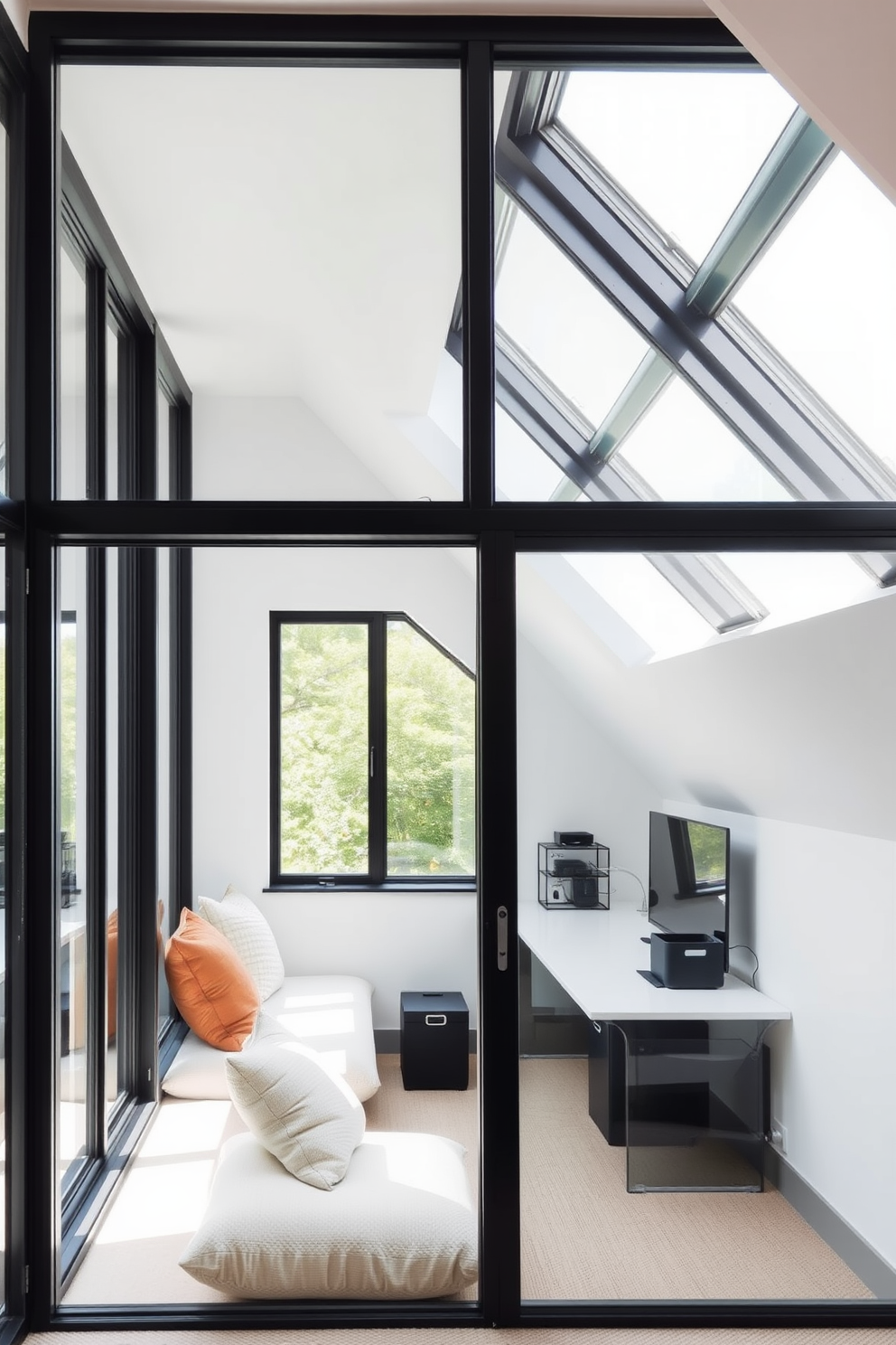 A modern attic space featuring large black frames that enhance the sleek aesthetic. The walls are painted in a soft white, contrasting beautifully with the dark frames and allowing natural light to flood the area. The design incorporates cozy seating with plush cushions positioned near the window. A minimalist desk area is placed under the sloped ceiling, with stylish organizers for a clean and functional workspace.