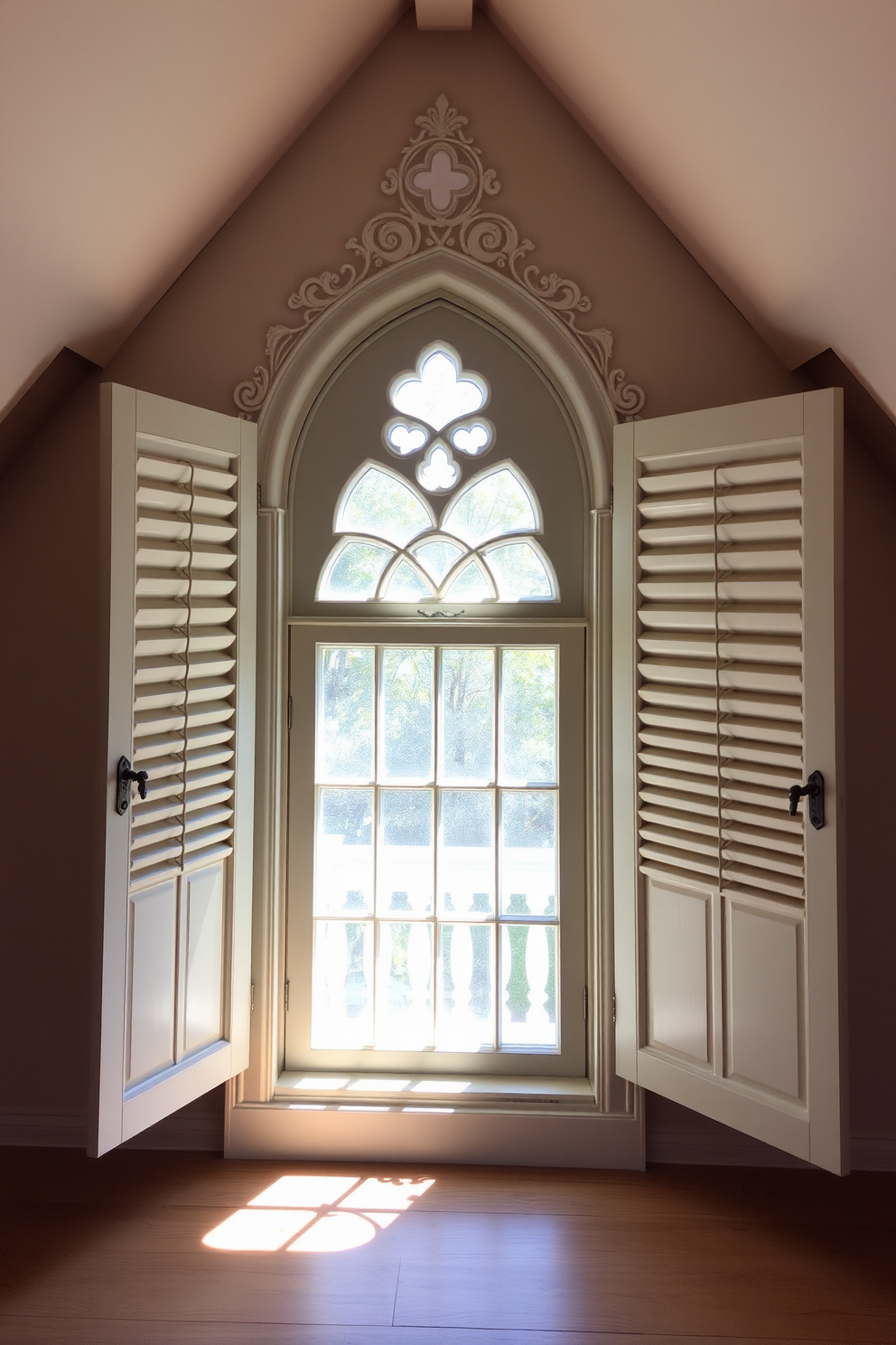 Decorative shutters frame the attic window, enhancing its charm and providing a touch of elegance. The shutters are painted in a soft pastel color that complements the surrounding architecture, adding character to the space. The attic window features a unique design with arched tops and intricate detailing. Sunlight streams through, casting beautiful patterns on the wooden floor, creating a warm and inviting atmosphere.