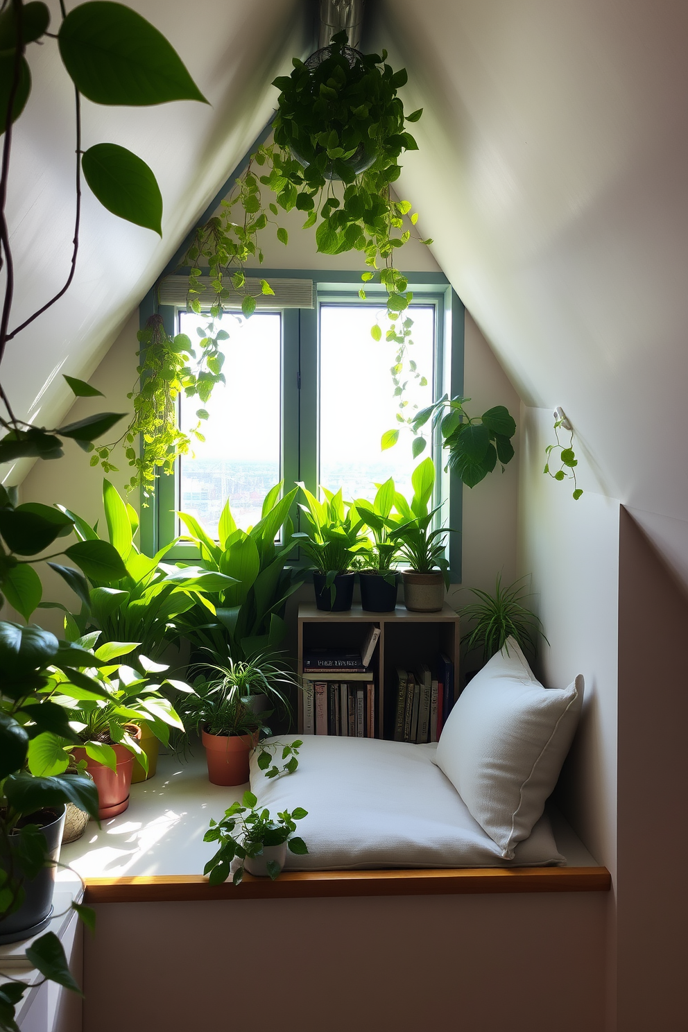 A serene plant-filled ledge bathed in natural light. Lush green plants in various shapes and sizes create a vibrant oasis, enhancing the airy feel of the space. An attic window design that maximizes both light and views. The window features a sleek frame with a cozy reading nook beneath it, adorned with soft cushions and a small bookshelf.