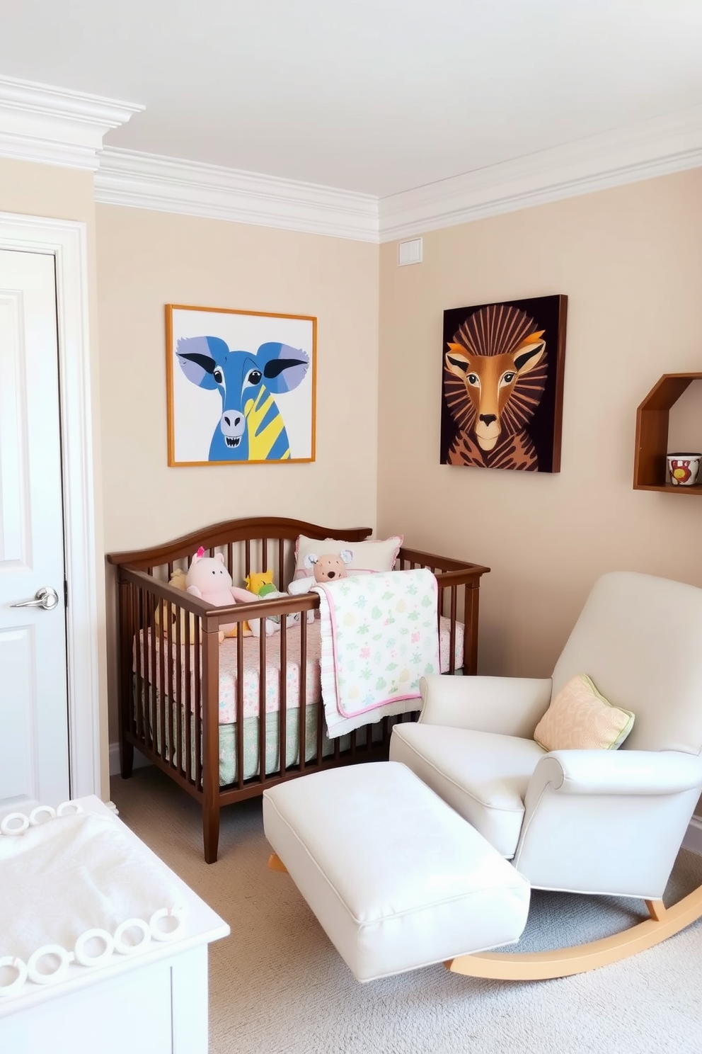 A serene baby bedroom design featuring soft neutral tones throughout the space. The walls are painted in a gentle beige color with white trim, complemented by a cozy crib adorned with colorful bedding and plush toys. A comfortable rocking chair sits in one corner, upholstered in pastel shades to add a playful touch. Decorative wall art showcases vibrant animal prints, bringing life and joy to the serene atmosphere.