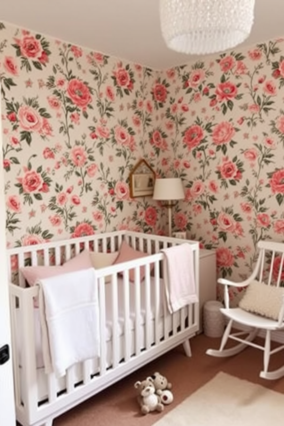 A cozy baby bedroom featuring vintage floral wallpaper that adds a charming touch to the space. The room includes a modern crib with sleek lines and a soft pastel color palette, complemented by plush toys and a comfortable rocking chair in the corner.