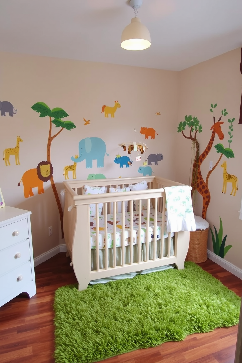 A cozy baby bedroom designed with a safari theme. The walls are adorned with colorful animal wall decals featuring elephants, lions, and giraffes, creating a playful atmosphere. A soft beige crib sits in the center of the room, complemented by a plush green rug that adds warmth. The bedding features a whimsical jungle print, while a mobile with hanging animals sways gently above the crib.