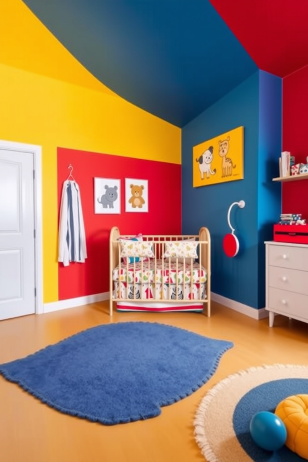 A bright and cheerful baby bedroom filled with primary colors. The walls are painted in bold red, blue, and yellow, creating a playful and inviting atmosphere. A cozy crib with colorful bedding sits in the center, surrounded by vibrant wall art featuring playful animals. Soft rugs in contrasting colors cover the floor, providing a safe and comfortable play area for the baby.