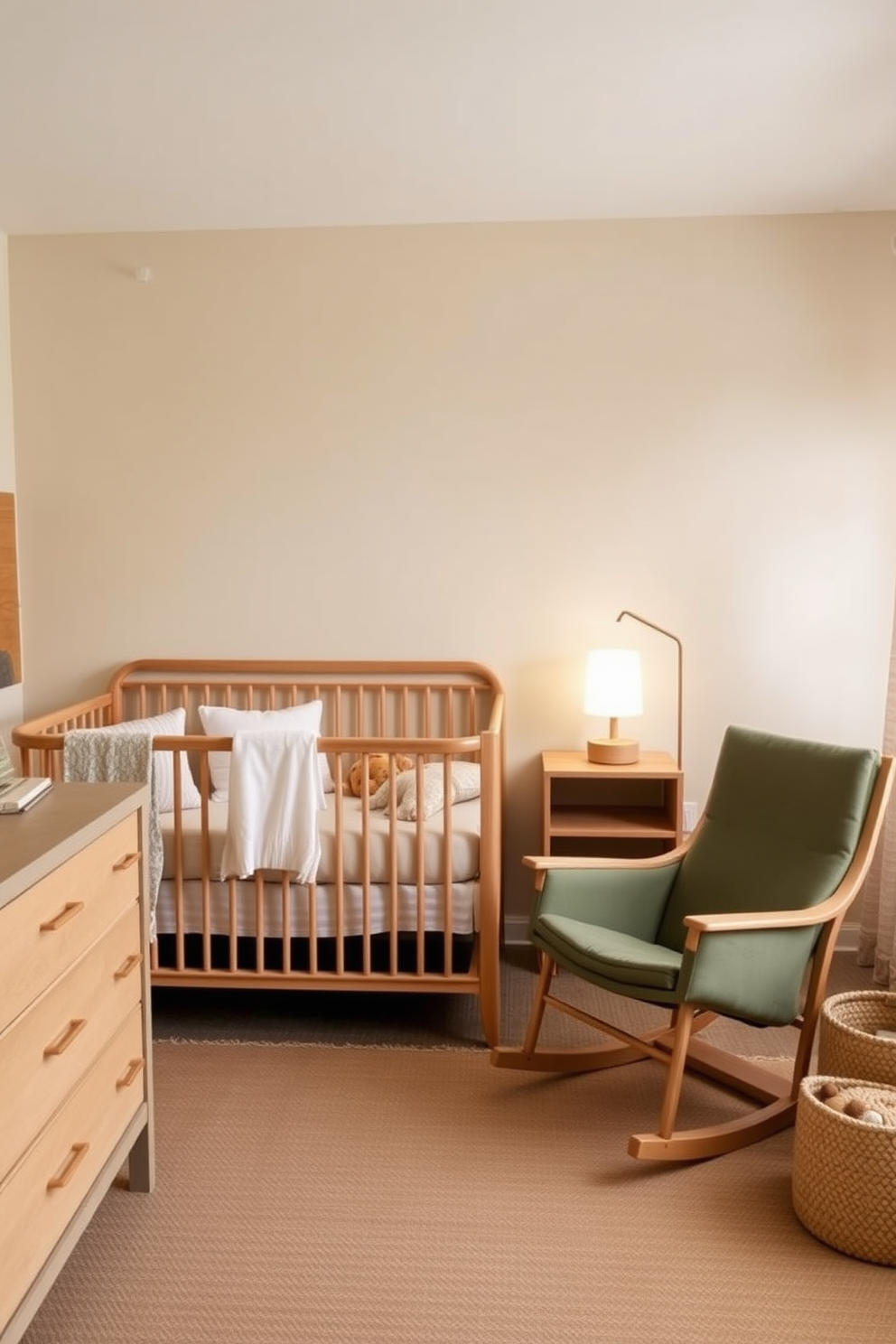 A serene baby bedroom designed with a gender-neutral palette featuring earthy tones. Soft beige walls create a calming atmosphere, complemented by natural wood furniture and woven textiles. A cozy crib with organic cotton bedding sits against one wall, surrounded by plush toys and a gentle nightlight. A comfortable rocking chair in a muted green hue provides a perfect spot for reading bedtime stories.