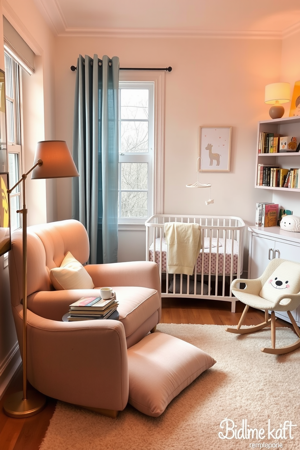 Cozy reading nook with plush seating. A large, comfortable armchair upholstered in soft fabric is positioned near a window, basking in natural light. A small side table holds a stack of books and a steaming cup of tea. The nook is adorned with warm lighting from a nearby floor lamp and is surrounded by shelves filled with colorful books. Baby bedroom design ideas. The room features a crib with a soft, pastel-colored bedding set and a mobile hanging above. A cozy rocking chair sits in the corner, perfect for late-night feedings. The walls are painted in gentle hues, and playful animal-themed artwork decorates the space, creating a serene and inviting atmosphere.