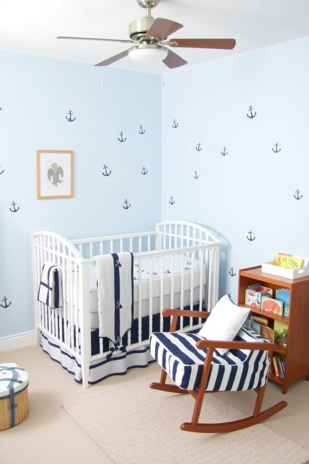 A charming baby bedroom designed with a nautical theme. The walls are painted in soft blue with white stripes, and playful anchor decals are scattered throughout the room. A cozy crib is centered against one wall, adorned with a navy blue and white striped bedding set. A matching rocking chair sits in the corner, accompanied by a small bookshelf filled with nautical-themed children's books.