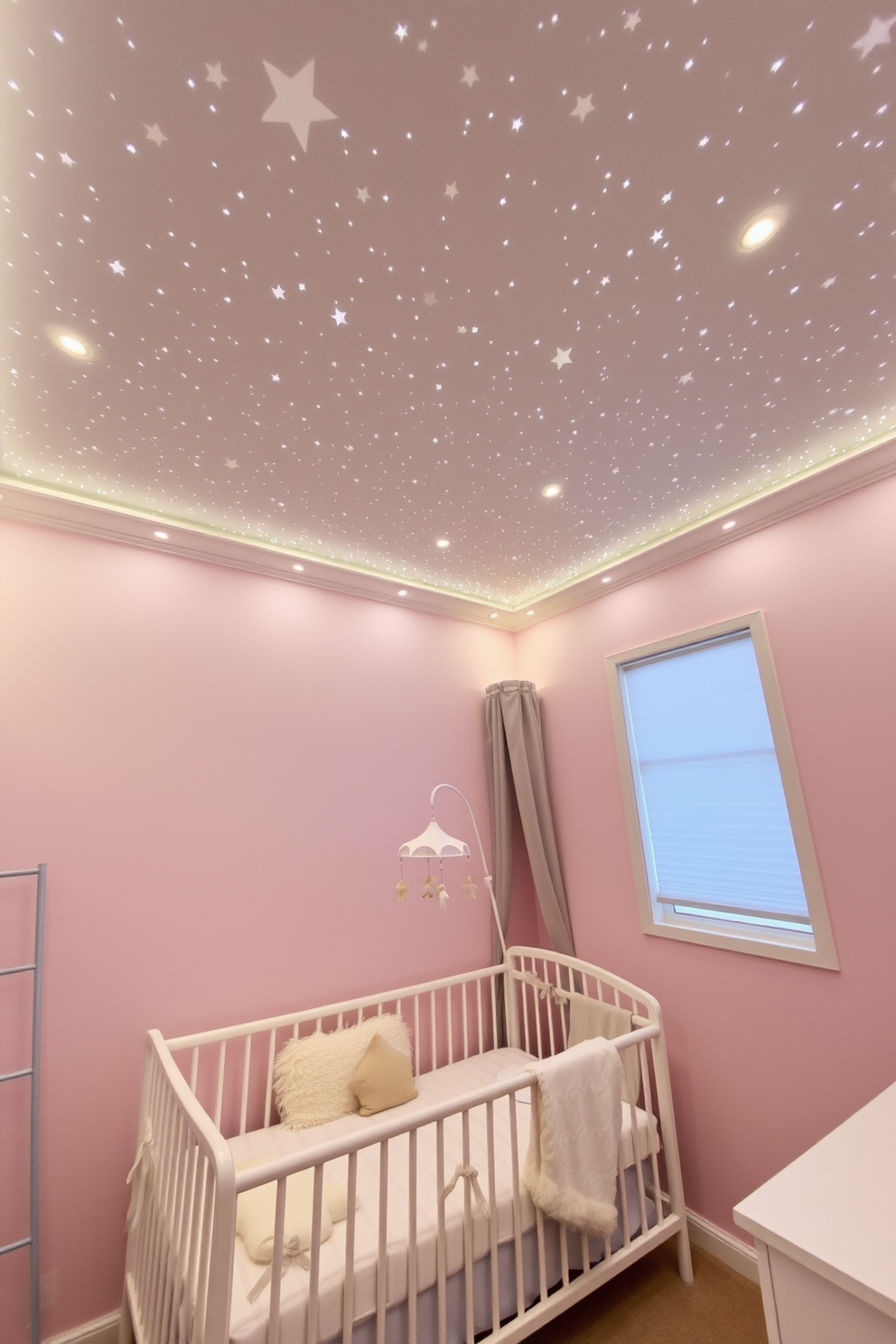 A serene baby bedroom featuring a starlit ceiling that creates a dreamy atmosphere. Soft pastel colors dominate the walls, complemented by a cozy crib adorned with plush bedding and a mobile that gently sways above.