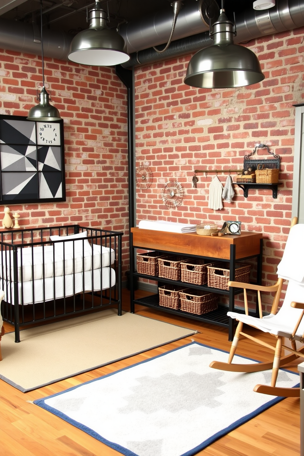 A cozy baby bedroom featuring an industrial style with metal accents. The room includes a sturdy metal crib with a soft mattress and plush bedding, complemented by a reclaimed wood changing table adorned with decorative storage baskets. Exposed brick walls create a warm backdrop, while metal light fixtures hang from the ceiling, providing a soft glow. A comfortable rocking chair in the corner invites relaxation, and a playful area rug adds a touch of softness to the space.