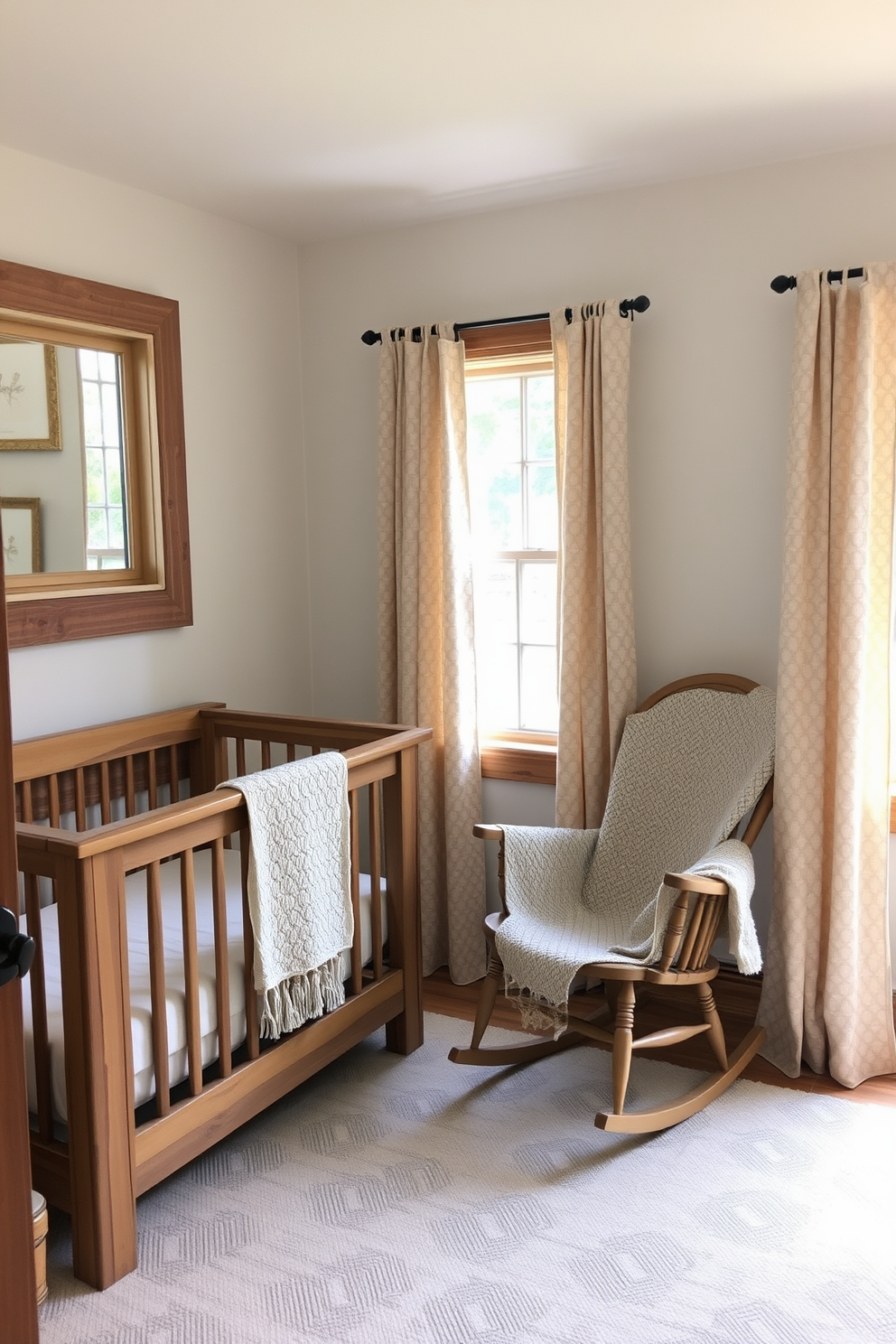 A cozy farmhouse chic baby bedroom featuring rustic wood elements. The walls are painted in a soft pastel color, and a reclaimed wood crib sits against one wall. A vintage rocking chair is placed in the corner, accompanied by a knitted blanket draped over it. Soft, patterned curtains frame the windows, allowing natural light to fill the space.