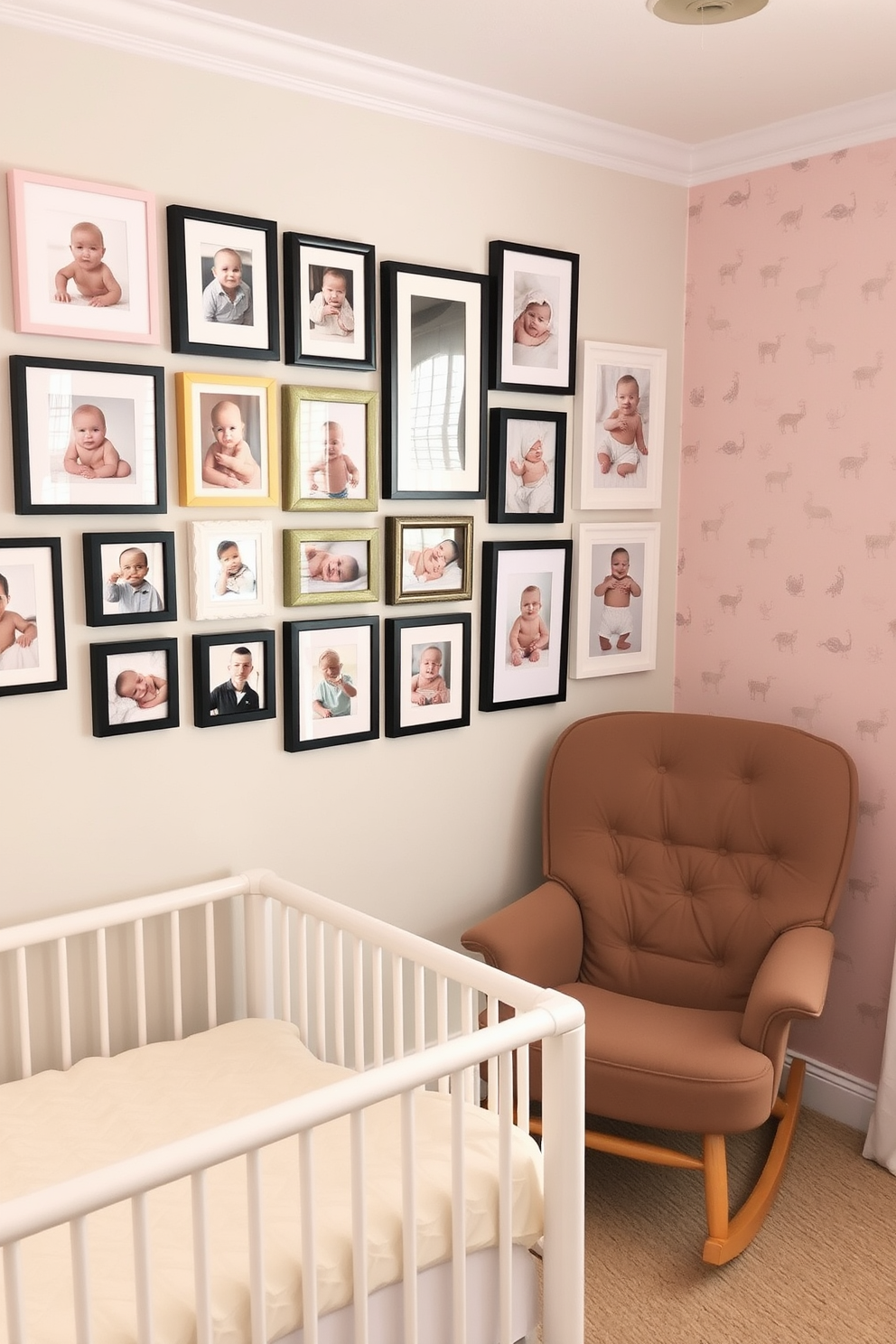 Artistic gallery wall of baby photos. The wall features a collection of framed baby photos in various sizes, arranged in a playful yet cohesive manner. Baby bedroom design ideas. The room includes a cozy crib with soft bedding, a rocking chair in the corner, and pastel-colored walls adorned with whimsical animal prints.