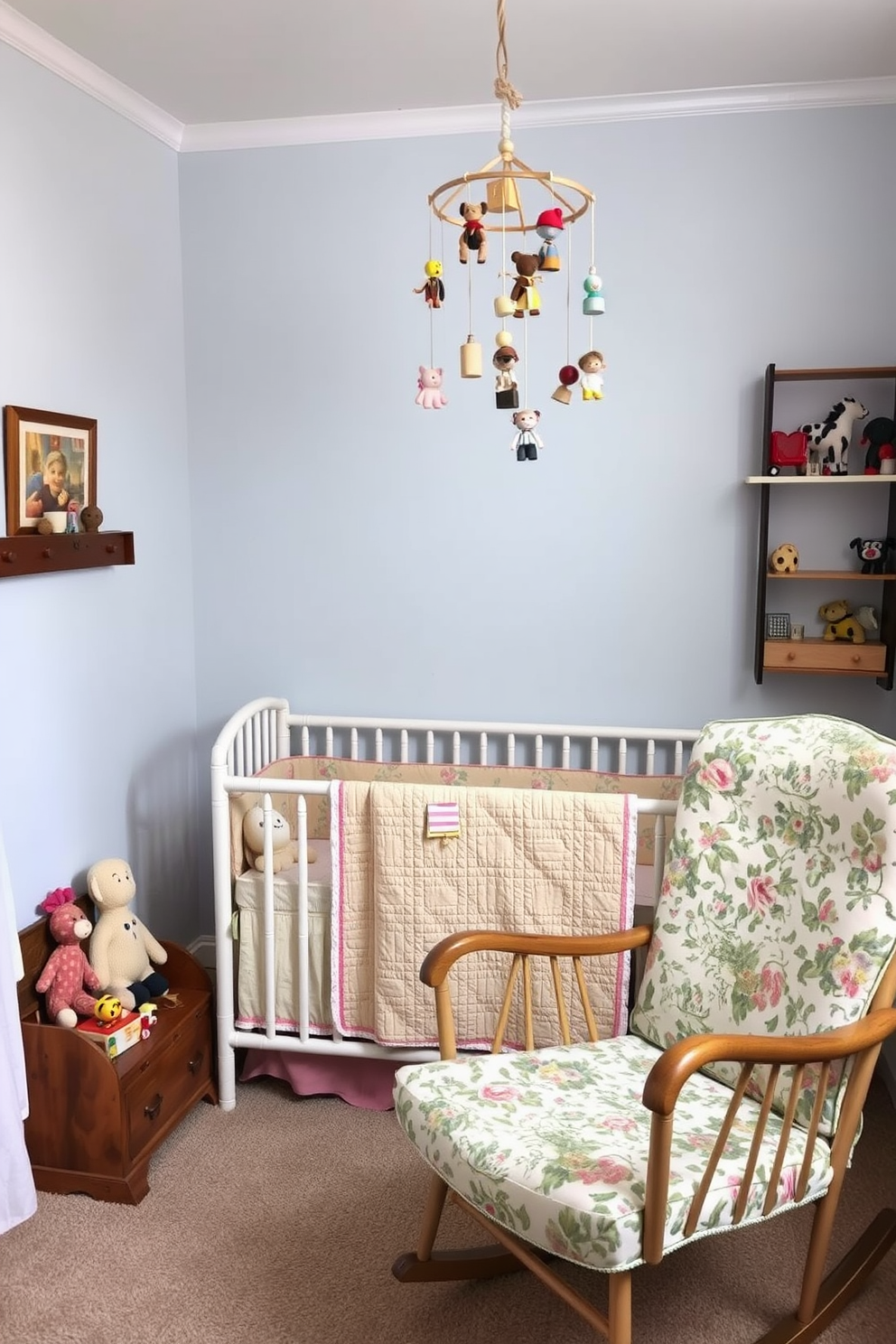 A charming baby bedroom featuring vintage toys as decor elements. The walls are painted in soft pastel colors, and a vintage wooden toy chest sits in the corner filled with classic stuffed animals and wooden blocks. A cozy crib with a vintage quilt is centered against one wall, while a whimsical mobile made from retro toys hangs above. A rocking chair with a faded floral pattern completes the nostalgic atmosphere, inviting moments of quiet and play.