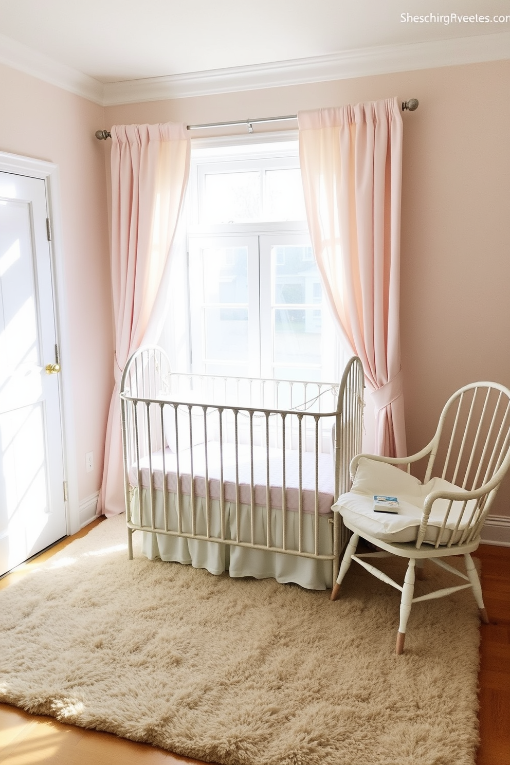 A vintage-inspired crib with elegant linens sits in the center of a softly lit baby bedroom. The walls are painted in a gentle pastel hue, and a plush area rug adds warmth to the space. Delicate curtains frame the window, allowing natural light to filter through while maintaining privacy. A charming rocking chair is positioned nearby, creating a cozy nook for reading and relaxation.