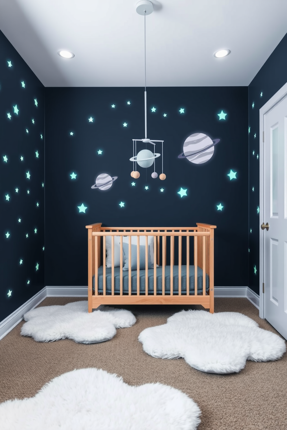 A whimsical nursery inspired by a favorite storybook. The walls are painted in soft pastel colors with mural scenes depicting characters and landscapes from the story. A cozy crib with a plush bedding set sits in the center, surrounded by shelves filled with storybooks and plush toys. A comfortable rocking chair is positioned in the corner, accompanied by a small side table for nighttime reading.