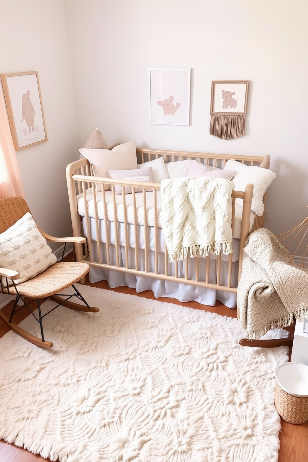 A cozy baby bedroom filled with soft textures and layered bedding creates a warm and inviting atmosphere. The crib is adorned with plush blankets and decorative pillows in pastel colors, while a soft area rug adds comfort underfoot. A rocking chair sits in the corner, draped with a knitted throw for added warmth. The walls are painted in a gentle hue, and whimsical artwork enhances the serene vibe of the space.