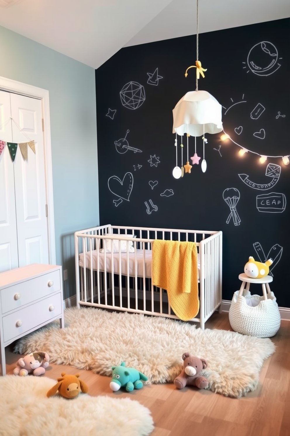 A cozy baby bedroom designed for creative expression features a chalkboard wall that invites artistic play and imagination. Soft pastel colors adorn the rest of the room, with a comfortable crib placed against the wall and plush toys scattered on a fluffy area rug. A whimsical mobile hangs above the crib, adding a touch of charm and movement. The room is illuminated by warm lighting, creating a soothing atmosphere perfect for both playtime and bedtime.