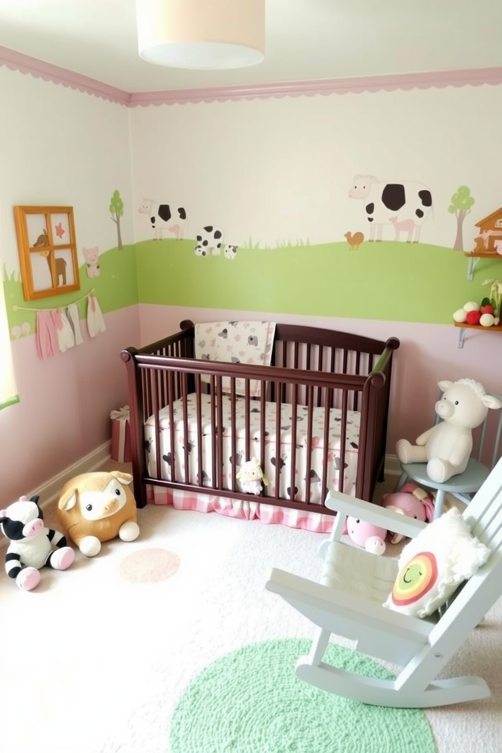 A cozy baby bedroom designed around a farm animal theme features soft pastel colors and playful decorations. The walls are adorned with whimsical farm animal murals, while plush soft toys of cows, pigs, and sheep are scattered throughout the room. A comfortable crib with a matching bedding set showcases adorable farm patterns. A rocking chair in the corner provides a perfect spot for reading bedtime stories surrounded by cheerful animal accents.