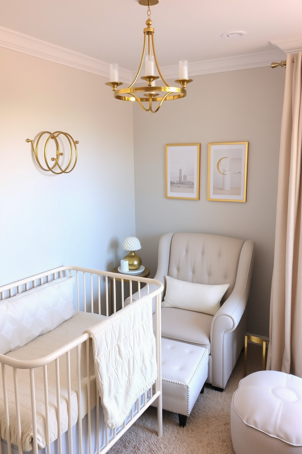 A serene baby bedroom featuring soft neutral tones with luxe gold accents throughout. The crib is adorned with plush bedding in cream, and a golden mobile hangs gracefully above it. A cozy reading nook is created with a comfortable armchair upholstered in light fabric, complemented by a gold side table. Delicate wall art in soft pastels and gold frames adds a touch of elegance to the space.