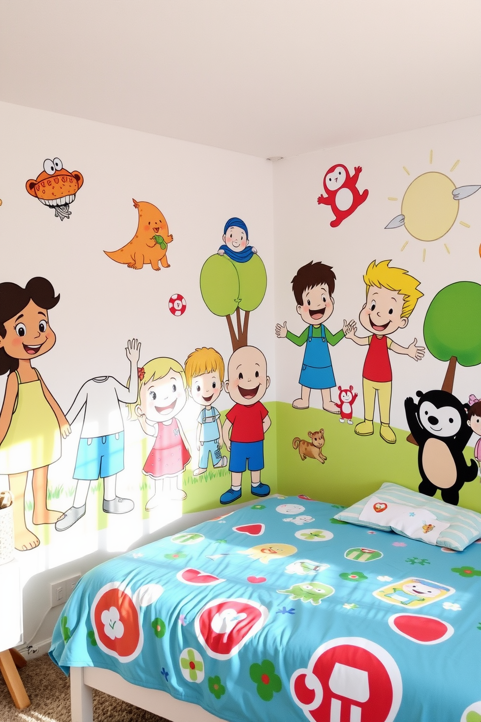 Bright mural of favorite cartoon characters in a baby bedroom. The walls are adorned with colorful illustrations that create a playful and cheerful atmosphere.