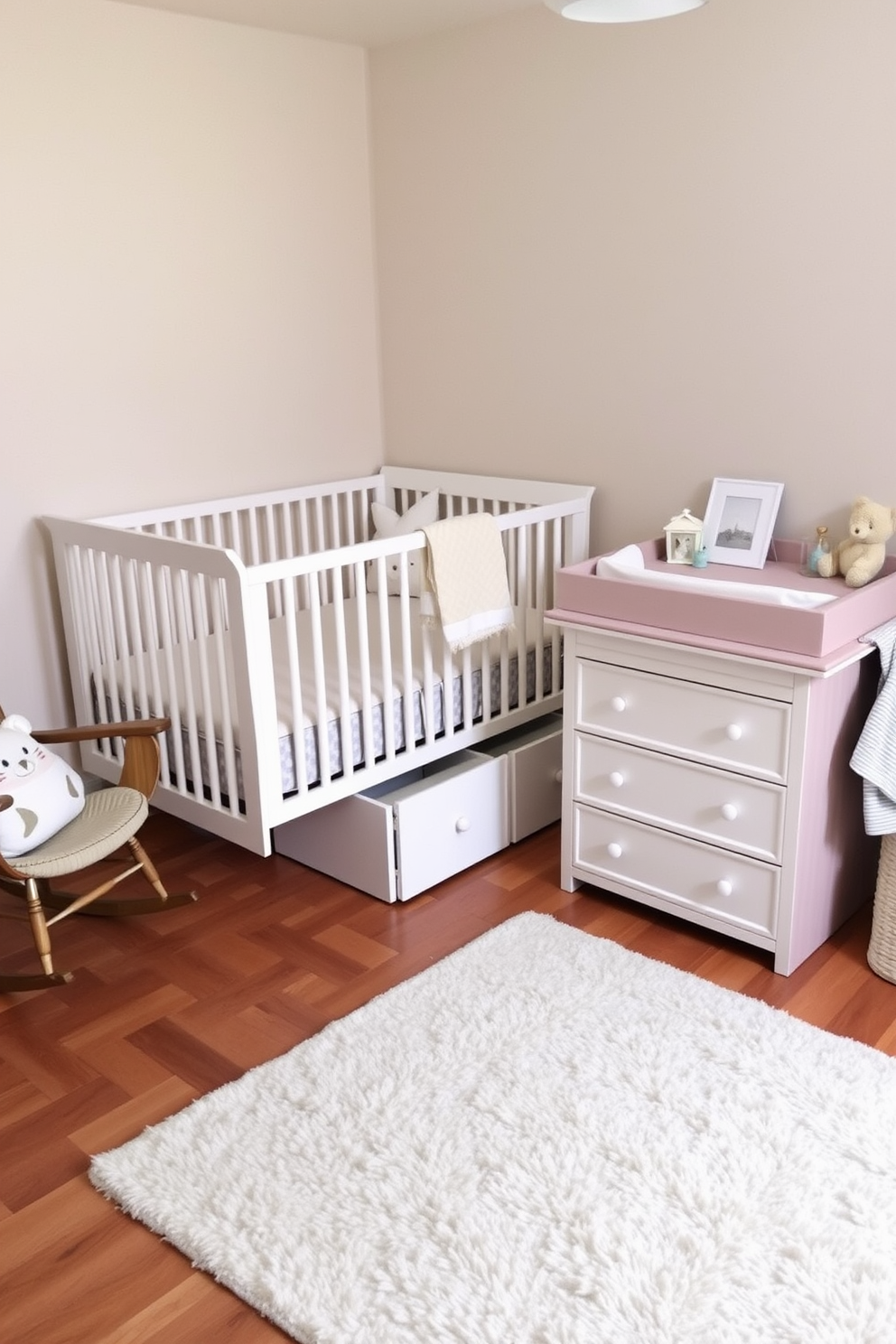 A cozy baby bedroom featuring a crib with built-in storage drawers underneath. The walls are painted in a soft pastel color, and a plush area rug is placed on the wooden floor. In one corner, there's a rocking chair with a small side table for nighttime feedings. A changing table with ample storage is positioned next to the crib, adorned with cute decorative items.