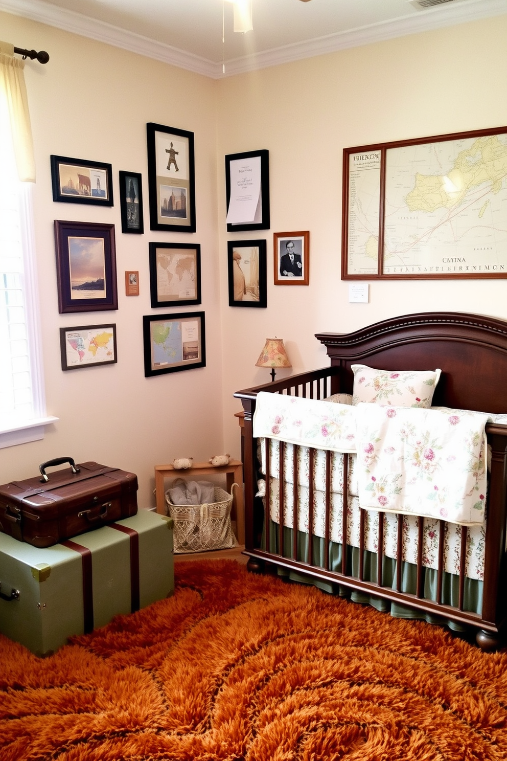 A cozy baby bedroom designed with a vintage travel theme. The walls are adorned with framed maps and travel memorabilia, creating a whimsical atmosphere. A crib with a soft, patterned bedding set is placed against one wall, complemented by a vintage suitcase used as a nightstand. A plush rug in warm earth tones covers the floor, inviting comfort and playfulness.