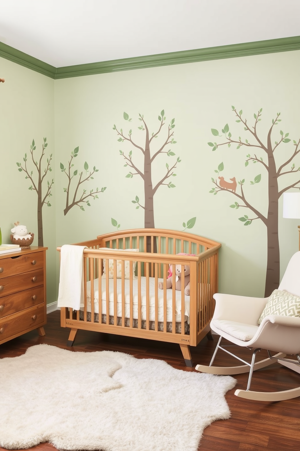 A serene nursery designed with a nature-inspired woodland theme. The walls are adorned with soft green hues, featuring whimsical tree and animal decals that create a calming atmosphere. A cozy crib made of natural wood sits in the center, surrounded by plush rugs resembling forest floors. Soft, earthy-toned bedding complements the decor, while a gentle rocking chair in the corner invites relaxation.