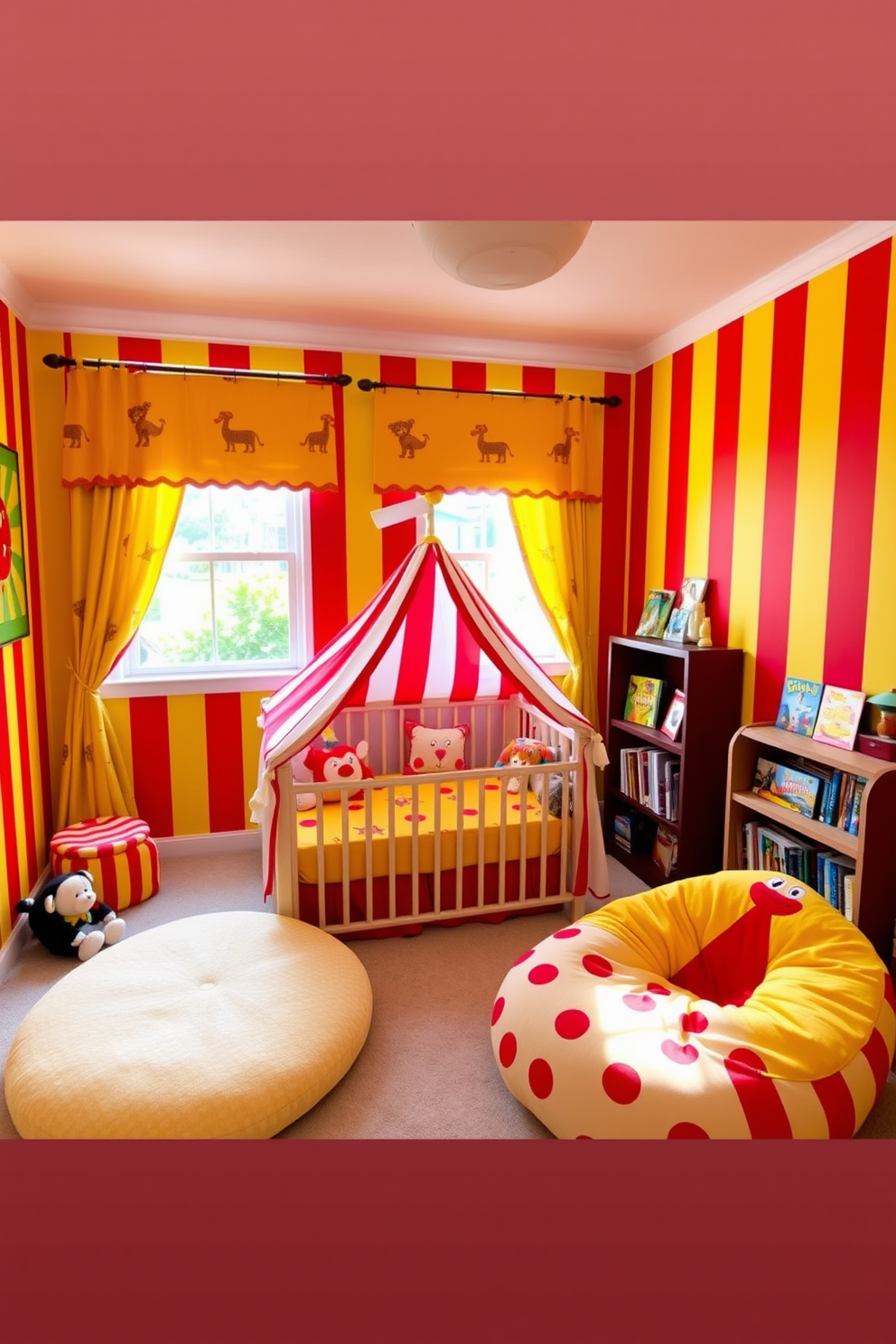 A playful circus theme baby bedroom featuring vibrant red and yellow striped wallpaper. The room includes a whimsical crib shaped like a circus tent with colorful bedding and plush animal toys scattered around. A cozy reading nook with a bean bag chair in the shape of a clown and a small bookshelf filled with storybooks. Brightly colored curtains with circus animal motifs frame the windows, allowing natural light to fill the space.