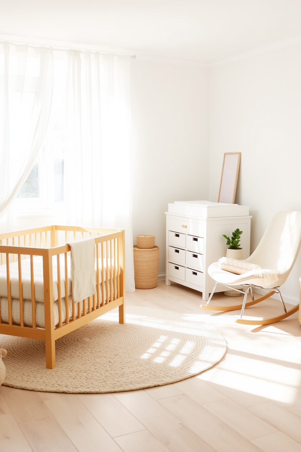 A vintage-inspired rocking chair is placed in the corner of a cozy baby bedroom. The chair features soft pastel upholstery and ornate wooden details, creating a warm and inviting atmosphere. Surrounding the rocking chair are whimsical decor elements like framed animal prints and a plush area rug. The room is painted in a gentle lavender hue, complemented by soft white curtains that let in natural light.