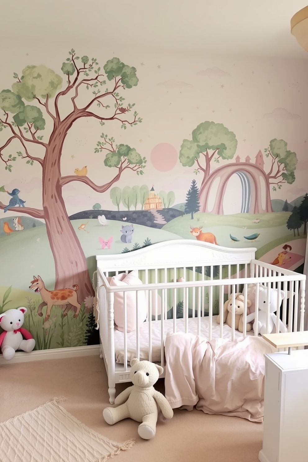 A whimsical fairy tale mural adorns the wall of the baby bedroom, featuring enchanting scenes of forest creatures and magical landscapes. Soft pastel colors create a dreamy atmosphere, complemented by plush toys and gentle lighting throughout the space.