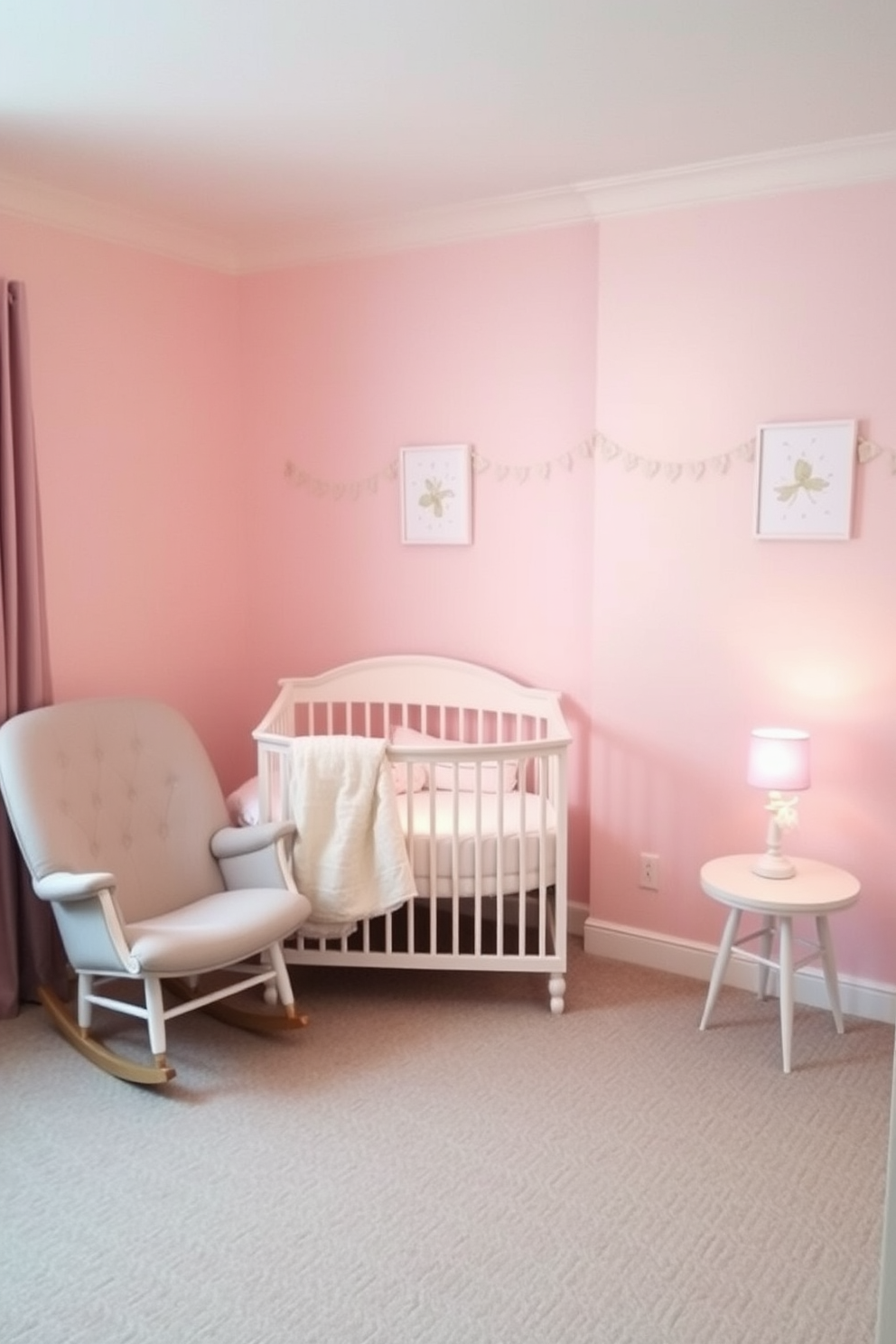 A serene baby bedroom featuring soft pastel colors on the walls that evoke a calming atmosphere. The room includes a cozy crib adorned with plush bedding and a gentle nightlight casting a warm glow. A comfortable rocking chair is placed in the corner, accompanied by a small side table for nighttime essentials. Decorative wall art in subtle hues adds a whimsical touch to the overall design.