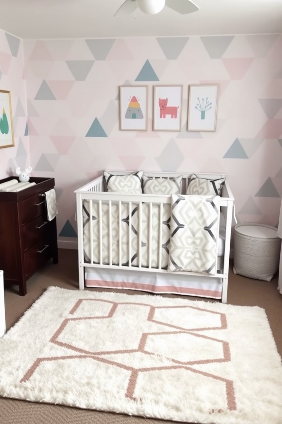 A cozy baby bedroom featuring geometric patterns on the walls in soft pastel colors. The crib is adorned with a stylish geometric-patterned blanket and matching cushions, creating a modern yet inviting atmosphere. A plush area rug with bold geometric designs lies on the floor, adding warmth and comfort. A sleek changing table with storage options complements the modern aesthetic, while playful wall art enhances the room's appeal.