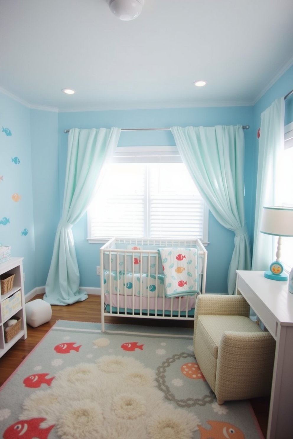 A serene baby bedroom designed with an under-the-sea theme. The walls are painted in soft ocean blue, adorned with whimsical sea creature decals, and a plush underwater-themed rug covers the floor. A cozy crib is centered in the room, surrounded by soft, flowing curtains in shades of aqua and coral. The bedding features playful patterns of fish and waves, creating a calming and inviting atmosphere for the baby.