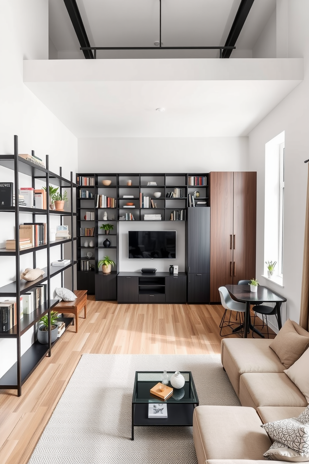 A bachelor apartment featuring a modern open layout with a focus on maximizing vertical storage. Sleek black shelves line the walls, displaying books, plants, and decorative items, creating a stylish yet functional space. The living area includes a compact sectional sofa in a neutral color, paired with a glass coffee table. A wall-mounted television sits above a minimalist console, keeping the floor space open and inviting. The kitchen area is designed with high cabinets that reach the ceiling, utilizing every inch for storage. A small dining table with stools is positioned near a window, offering a cozy spot for meals while maintaining an airy feel.