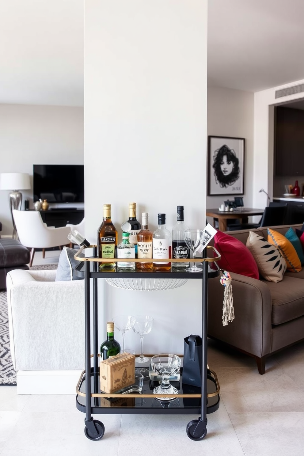 A stylish bar cart is placed against a wall in the living area of a bachelor apartment. The cart is adorned with an assortment of premium spirits, elegant glassware, and a few decorative cocktail accessories. The apartment features a modern aesthetic with an open floor plan. Neutral tones dominate the space, complemented by bold accent colors in the furniture and decor.