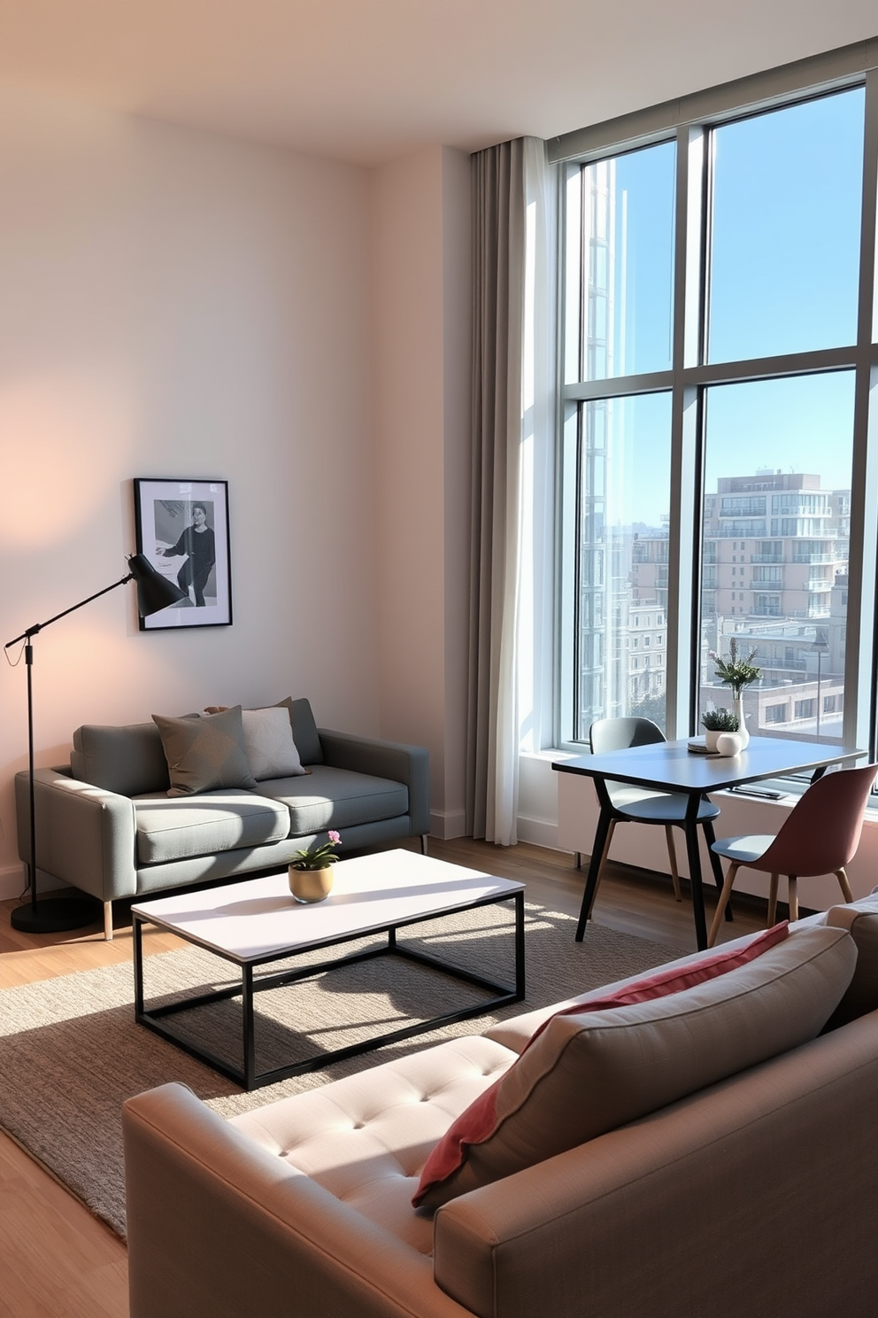 A bachelor apartment featuring a modern open-plan layout. The living area is furnished with a sleek gray sofa and a minimalist coffee table, while a stylish floor lamp adds warmth to the space. Incorporate a compact dining table that doubles as a workspace, positioned near large windows. Use a neutral color palette with pops of color through decorative cushions and artwork on the walls.