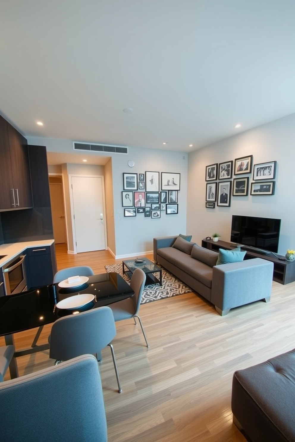 A stylish compact home office setup in a bachelor apartment. The desk is sleek and modern, made of dark wood, paired with a comfortable ergonomic chair in a neutral tone. A wall-mounted shelving unit displays books and decorative items, adding personality to the space. The walls are painted in a soft gray, and a large window allows natural light to fill the room, enhancing productivity.