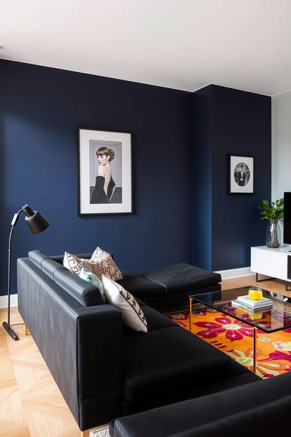 A stylish bachelor apartment featuring an open-concept living space with a cohesive color palette of navy blue, gray, and white. The living area includes a sleek gray sofa paired with a navy accent chair and a minimalist coffee table, while the walls are adorned with modern art pieces that complement the color scheme. The kitchen showcases white cabinetry with navy blue accents, and a stylish island with bar stools for casual dining. A cozy bedroom nook is separated by a decorative screen, featuring a comfortable bed dressed in crisp white linens and navy throw pillows, creating a sophisticated yet inviting atmosphere.