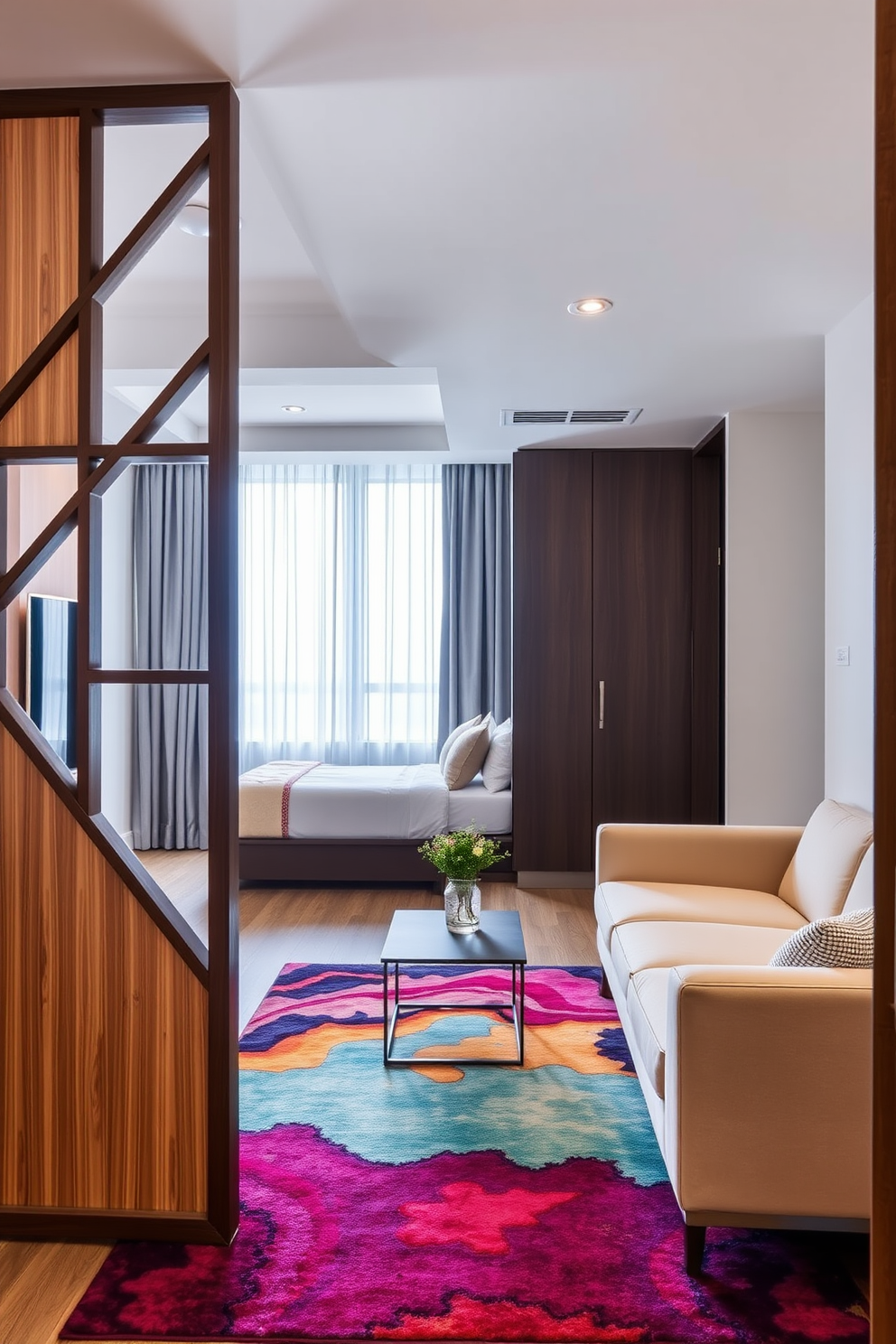 A stylish room divider separates the living area from the sleeping space in this bachelor apartment. The divider features a modern geometric design in a warm wood finish, creating an inviting atmosphere while maintaining privacy. The living area is furnished with a sleek sofa in a neutral tone, complemented by a minimalist coffee table. A vibrant area rug adds a pop of color, enhancing the overall aesthetic of the space.