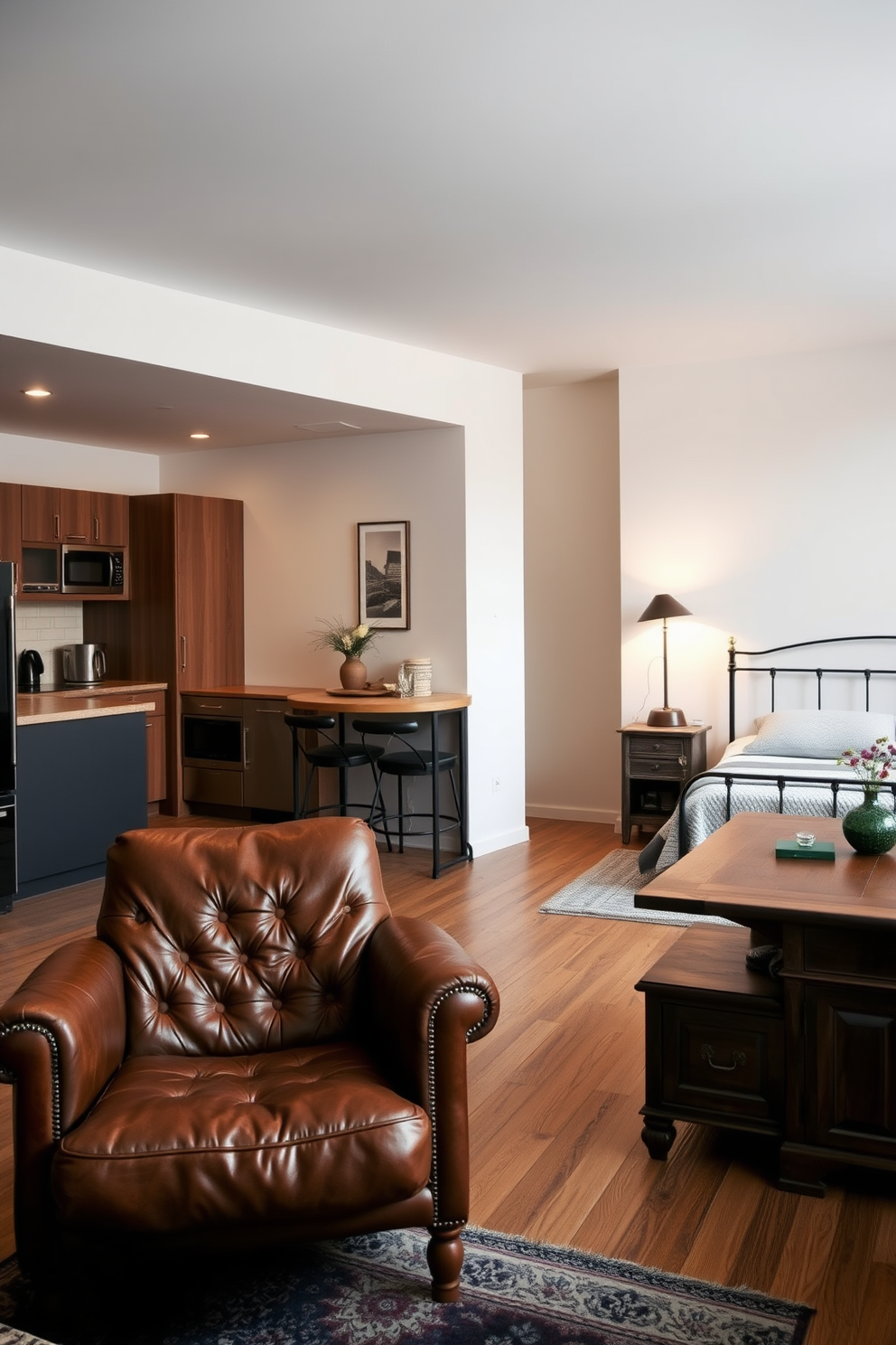 A stylish bachelor apartment featuring a cozy living area with a vintage leather armchair that adds character. The open layout includes a sleek kitchen with modern appliances and a reclaimed wood dining table that invites gatherings. The bedroom showcases a minimalist bed frame paired with an antique nightstand, creating an inviting atmosphere. Soft lighting from a retro floor lamp enhances the warm tones of the space, making it perfect for relaxation.