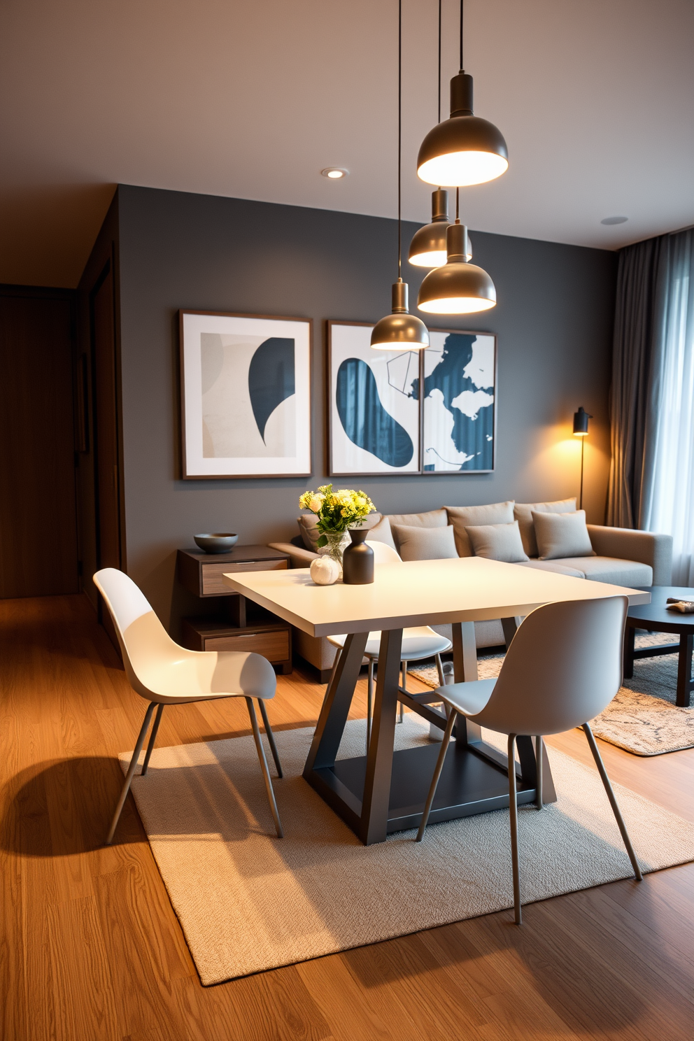 A stylish bachelor apartment featuring a foldable dining table that maximizes space without compromising on aesthetics. The table is set against a wall with modern art, surrounded by sleek, minimalist chairs that can be tucked away when not in use. The open layout includes a cozy living area with a plush sofa and a coffee table that complements the dining setup. Warm lighting from pendant fixtures creates an inviting atmosphere, enhancing the overall design.