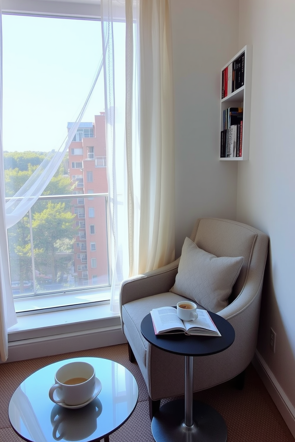 A cozy reading nook is nestled in the corner of a bachelor apartment. It features a plush armchair with soft cushions and a sleek side table holding a stack of books and a warm cup of coffee. Natural light floods the space through a large window adorned with light sheer curtains. The walls are painted in a calming neutral tone, and a small bookshelf filled with favorite titles adds a personal touch to the area.