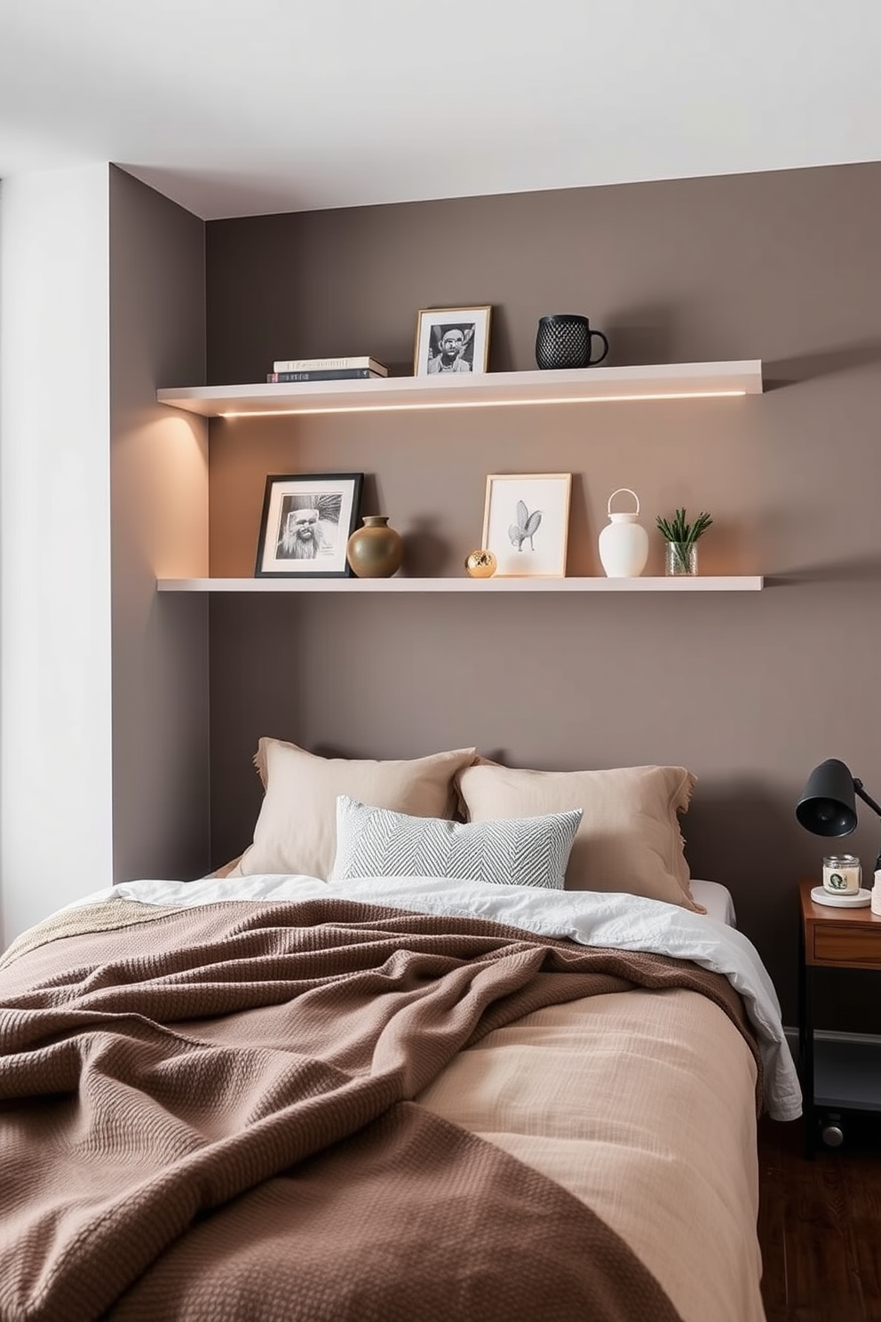 A stylish bachelor apartment featuring a cozy bedroom with shelves installed above the bed for decorative items. The walls are painted in a warm gray tone, and the bedding is a mix of textured fabrics in neutral colors.