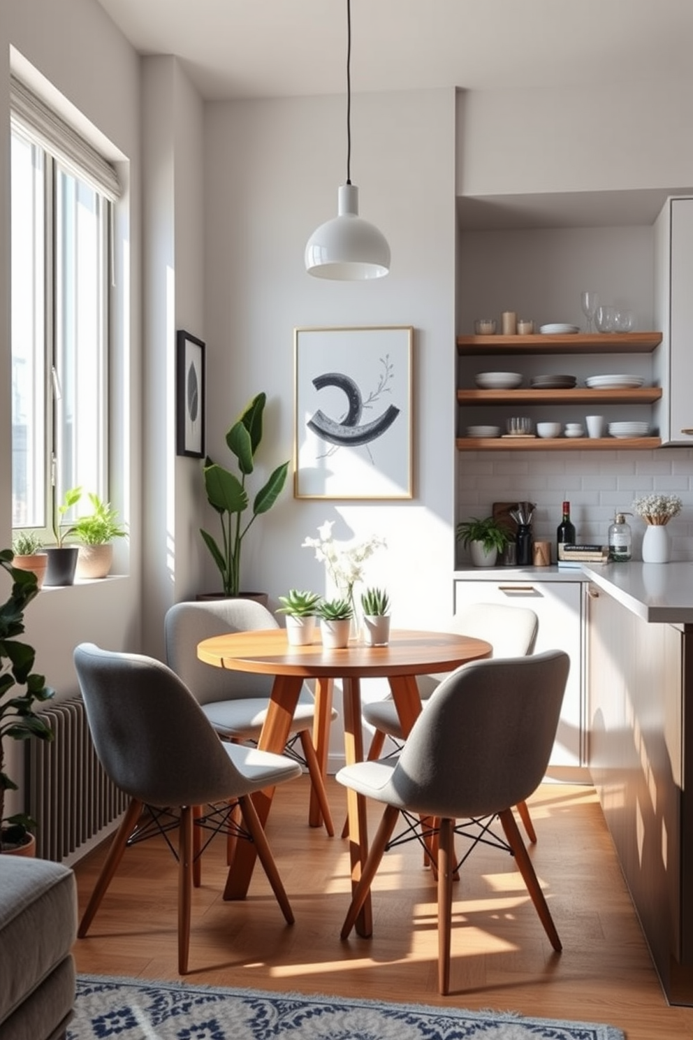 A cozy dining nook in a bachelor apartment features a round wooden table surrounded by four modern upholstered chairs. Natural light filters in through a large window, illuminating the space decorated with potted plants and minimalist artwork on the walls. The nook is positioned adjacent to the kitchen, with open shelving showcasing stylish dishware and glassware. A pendant light hangs above the table, adding warmth and creating an inviting atmosphere for casual dining or entertaining guests.