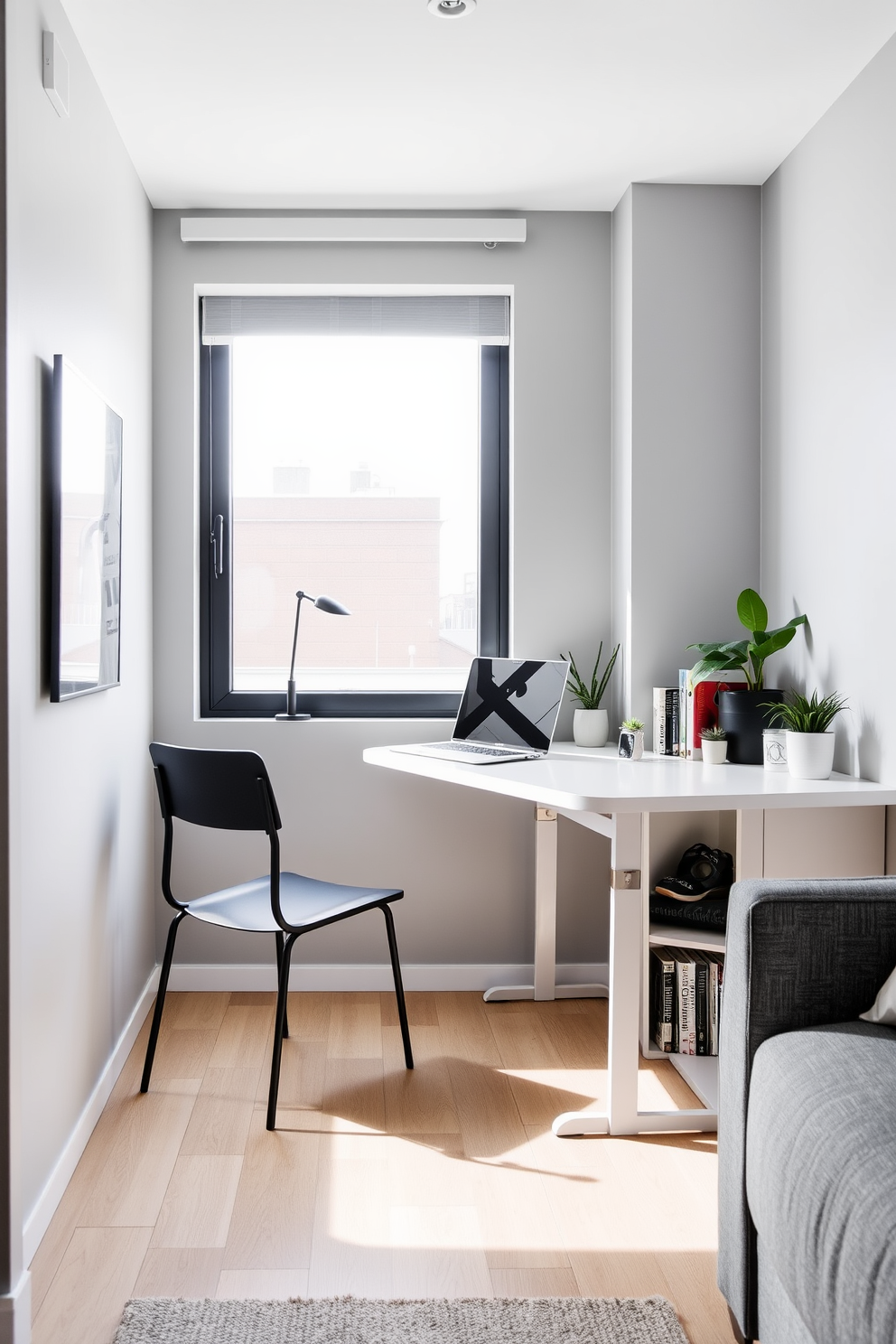 A modern bachelor apartment featuring a stylish pegboard wall for creative storage solutions. The pegboard is adorned with various hooks and shelves, displaying plants, books, and tools in an organized yet artistic manner. The living area includes a compact sofa and a sleek coffee table, with a warm color palette that enhances the cozy atmosphere. Large windows allow natural light to flood the space, highlighting the minimalist decor and functional design elements.