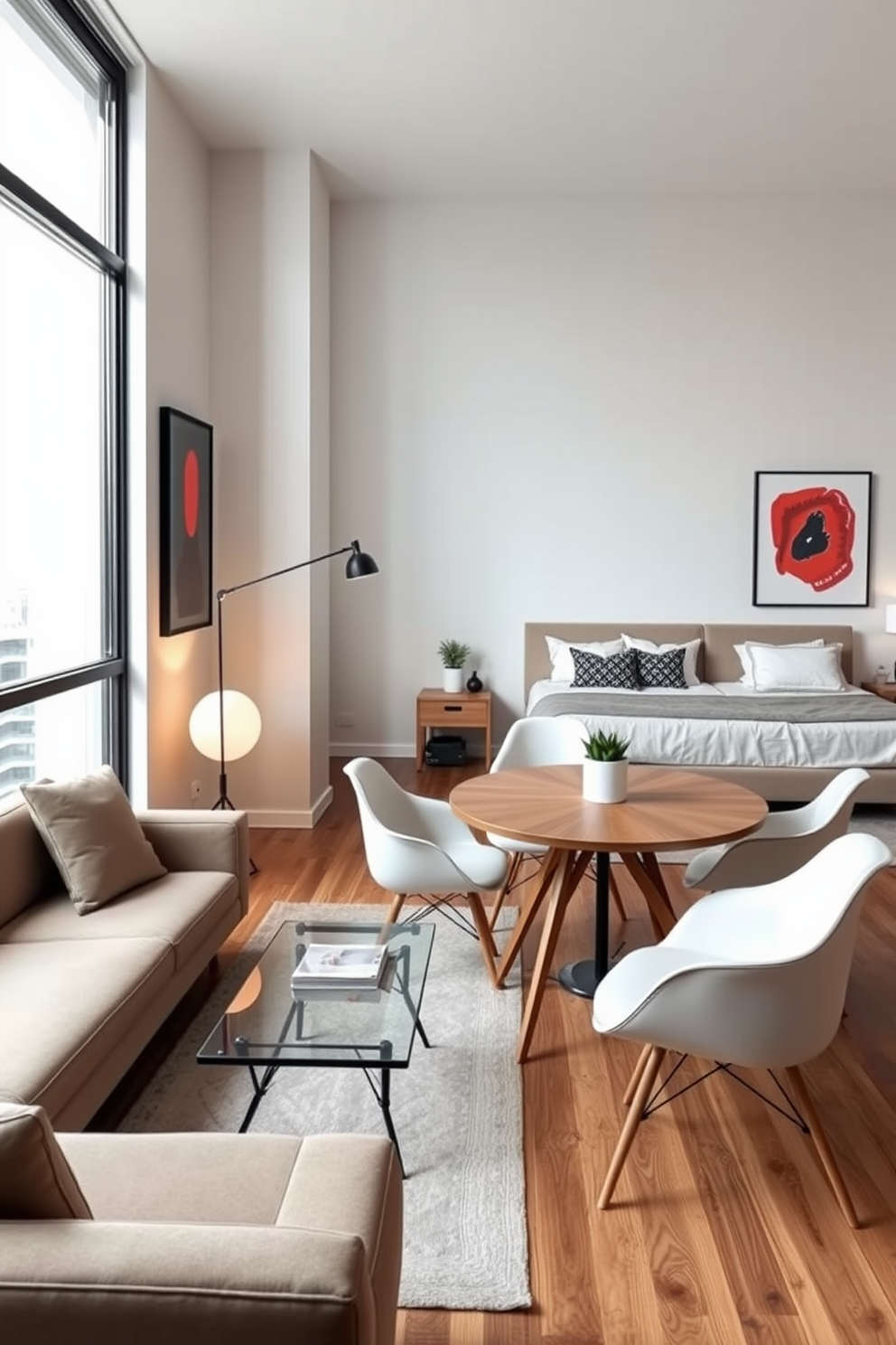 A stylish bachelor apartment featuring sleek furniture with clean lines and a minimalist aesthetic. The living area includes a low-profile sectional sofa in a neutral tone paired with a glass coffee table and a contemporary floor lamp. The dining space showcases a round wooden table surrounded by modern chairs, creating an inviting atmosphere for entertaining. The bedroom is designed with a platform bed and a simple nightstand, accented by bold artwork on the walls.