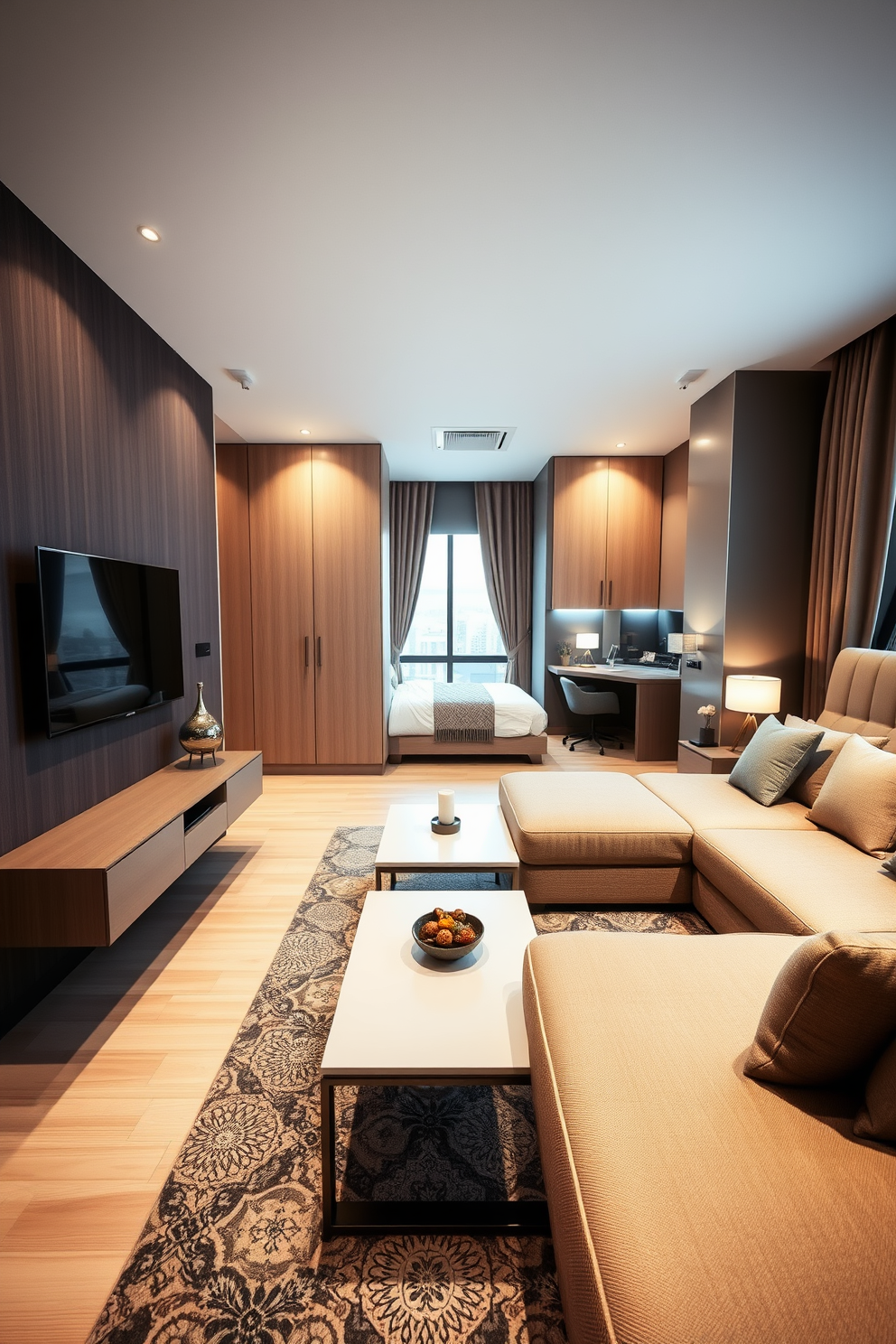 Create a cozy corner with floor cushions in a bachelor apartment. The space features a low coffee table surrounded by vibrant, patterned cushions in various sizes, creating an inviting atmosphere.