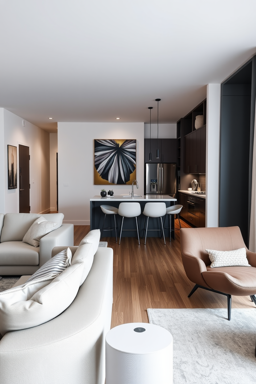 A modern bachelor apartment featuring an open floor plan with light-colored walls and a cozy living area. The furniture consists of a sleek gray sofa paired with a glass coffee table and a minimalist entertainment unit. The kitchen area includes white cabinetry and a light wood island with bar stools. Large windows allow natural light to flood the space, creating an airy atmosphere. In the bedroom, a queen-sized bed with soft linens is positioned against a light accent wall. A small workspace with a desk and chair complements the room's functionality while maintaining a clean aesthetic.